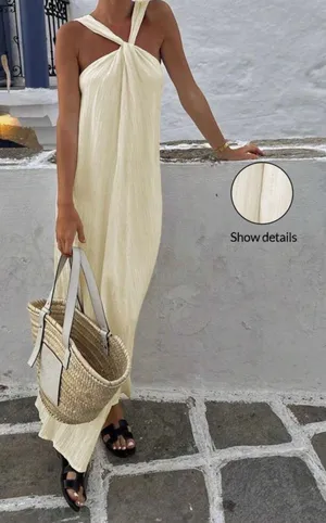 INAWLY Women’s Solid Color Halter Beach Long Dress, Beige thumbnail 1