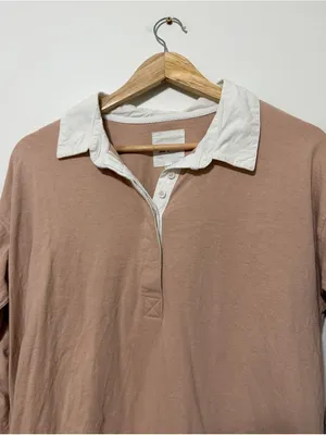 Aerie Oversized Rugby Polo Shirt Size XS Tan Long Sleeve Top thumbnail 4