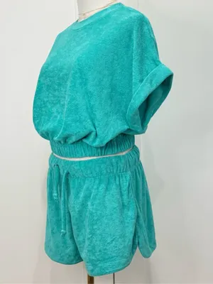 Elan Terry Cloth Matching Set Crop Top Shorts Teal Small Medium Beachy Resort thumbnail 4