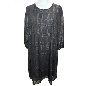 Calvin Klein Metallic Windowpane Trapeze Dress | Black | Size 16 | Sheer Sleeve thumbnail 6
