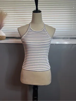 American Eagle Blue & White Striped Halter Tank Top Size M Coastal Summer thumbnail 3