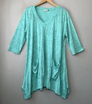 Chalet Tunic Top Size Large Blue Bamboo Lotus Flower Floral Knit Lagenlook Artsy thumbnail 1