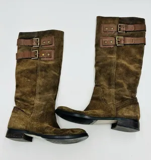 Nine West Taupe Brown Suede Tumble Tall Riding Boots Sz 9 Double Buckle thumbnail 1