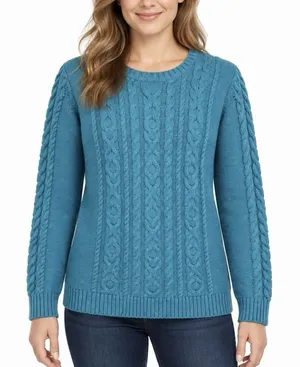 LL Bean Teal Double L Mixed Cable Cotton Crew Neck Pullover Sweater Size LARGE thumbnail 1