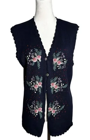 90's Susan Bristol Hand Embroidered Floral Knit Vest L | Grandmacore Cottagecore thumbnail 1