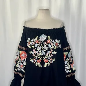 FREE PEOPLE Fleur Du Jour Mini Dress Black Floral Embroidered Off Shoulder Small thumbnail 3