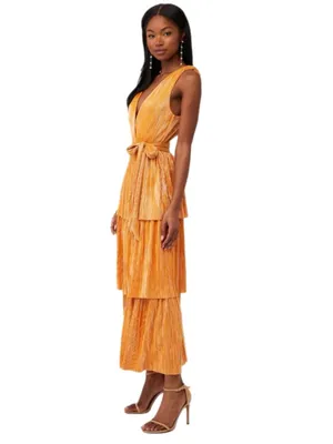 Sabina Musayev Alma Midi Dress in Mandarin Orange Pleated Tiered Small thumbnail 4