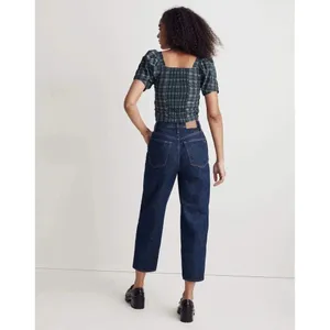 Madewell Hopewell Plaid Puff Sleeve Crop Top Smocked Square Neck Blouse Forest M thumbnail 2