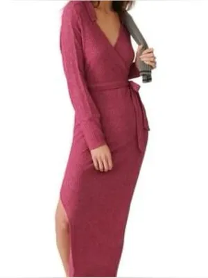 NWT Anthropologie Daily Practice Magenta Ribbed Collared Maxi Wrap dress thumbnail 2