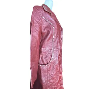 Vintage 70s Burgundy Leather Longline Trench Coat White Whipstitch Western Ranch thumbnail 6