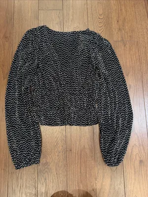 Zara Polka Dot Pleated Long Sleeve V-Neck Top Medium - C30-150 thumbnail 7