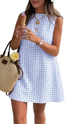 NWT Blue White Gingham Mini Dress Sleeveless Cotton A-Line Sundress Pockets SM thumbnail 1