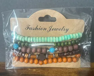 Wooden Turquoise Green Brown Orange Beaded Bracelet Stack Multiple thumbnail 1