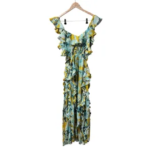 MISA Los Angeles Alessandra Sleeveless Ruffle Midi Dress Blue Yellow Medium thumbnail 4