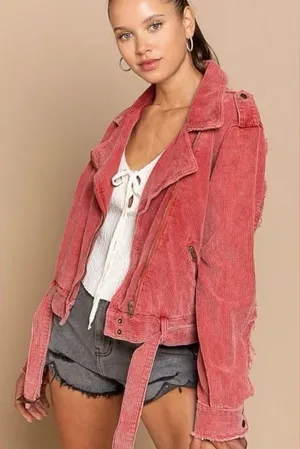POL Coral Pink Corduroy Belted Moto Jacket thumbnail 1