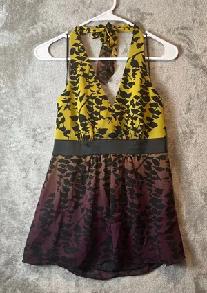 Vintage Y2K Babydoll Halter Top Leaf Print Ombre Fairycore Festival Size‎ S Silk thumbnail 1