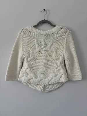 Free People Off White Cable Knit Gingham Button Down Cropped Boho Cardigan S thumbnail 5