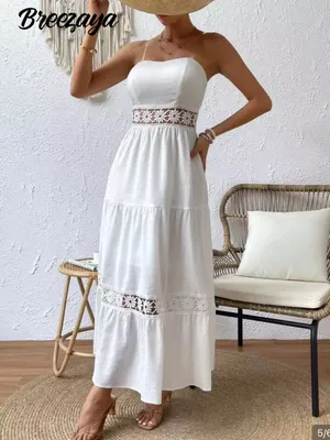 SheIn Large Breezaya Guipure Lace Insert Ruffle Hem Tube Dress White Maxi thumbnail 5
