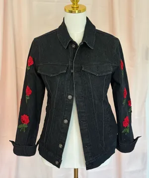 HAODUOYI Black Jean Jacket with Red Rose Embroidery thumbnail 1