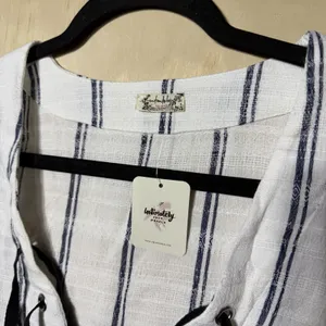 Free People Intimately Bodysuit Top Medium NWT‎ Lace Up Striped Boho Linen Blend thumbnail 3
