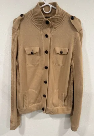 Lauren Ralph Lauren Tan Button-Up Leather Trim Military Cardigan Sweater XL EUC thumbnail 1