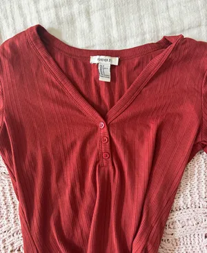 Forever 21 Red Ribbed Button Up Longsleeve Bodysuit thumbnail 4