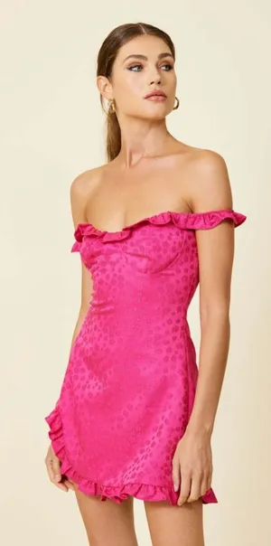 Line & Dot Penelope Off Shoulder Floral Mini Dress Fuschia Pink Medium NEW $127 thumbnail 1