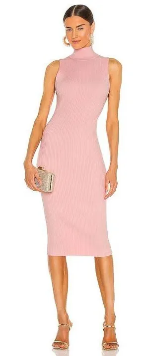 Alice + Olivia Brooklynne Turtleneck Fitted Rib Dress in Blush Pink M thumbnail 1