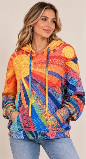 Women’s Sunshine Multicolor Quilted Patchwork Pullover Hoodie Boho Sun Ray XL thumbnail 1