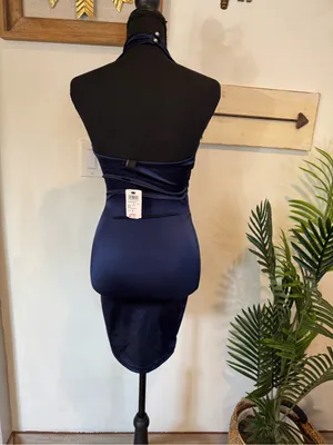 Windsor Navy Satin Halter Cutout Mini Dress thumbnail 4