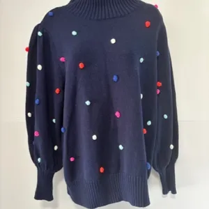 Crown & Ivy 1X Navy Turtleneck Sweater Multicolor Pom Pom Knit Long Puff Sleeve thumbnail 2