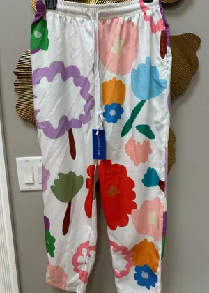 Wide Legged Site Pants Bold Floral Print Elastic Waist Medium thumbnail 1