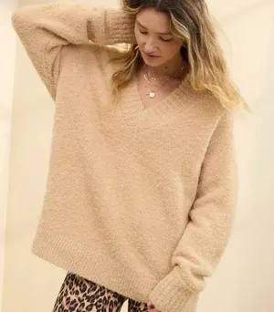 Aerie Teddy Boucle V-Neck‎ Sweater Tan Beige Oversized Cozy XS NWT thumbnail 1