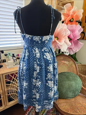 Gap Blue & White Floral Batik Linen Garden Cottage Brunch Boho Shower Mini Dress thumbnail 2
