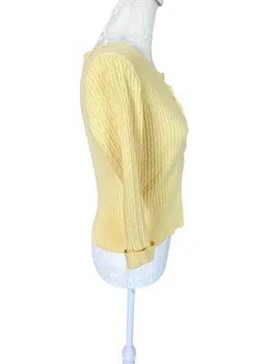 Women's yellow ribbed knit 3/4 sleeve button down top cuffed sleeves size M thumbnail 3