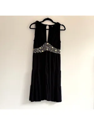 Black Embellished Empire Waist Dress Beaded Tiered Skirt with Tie Straps thumbnail 3