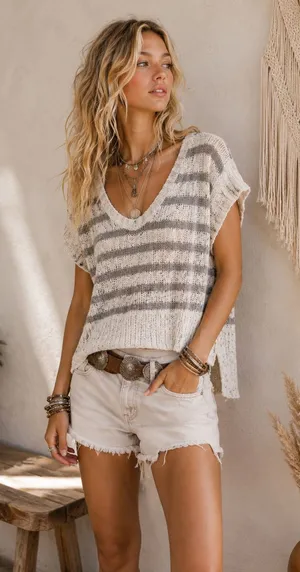 Free People Cream Grey Striped Chunky Knit Sweater Womens S Beachy Boho Summer thumbnail 1