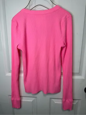 aerie Ribbed Neon Pink Notch V-Neck Long Sleeve Top thumbnail 5