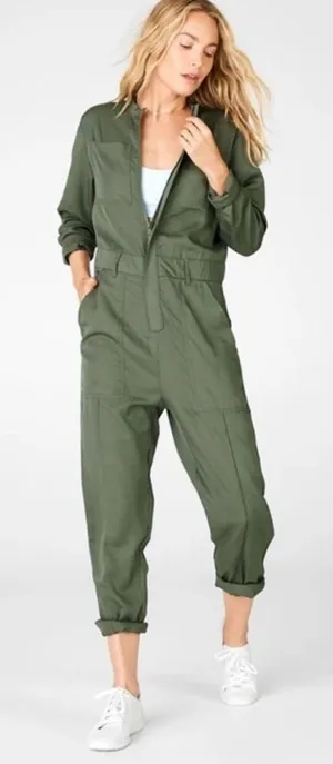 NWT Fabletics Everleigh Woven Jumpsuit Utility Long Sleeve Safari Green L thumbnail 1