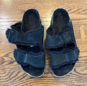 Birkenstock Arizona Black Fuzzy Double-Buckle Slide Sandals, 39 (8.5), slippers thumbnail 1