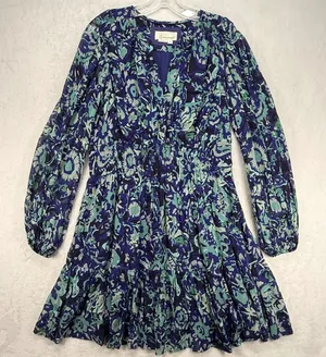Anthropologie Mini Dress Floral Print Long‎ Sleeve Casual Blue Green M thumbnail 1