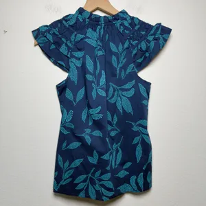 J. Crew Women 100% Cotton Preppy Top‎ XS Blue Leaf Print Ruffle Flutter Sleeve thumbnail 7