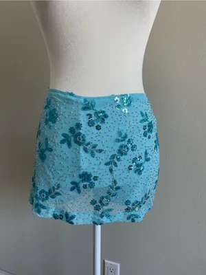 Sky Blue Sequin Floral Mini Skirt thumbnail 4