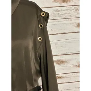 Zara olive green satin grommet detail belted Ring Trim maxi shirtdress Size M thumbnail 4