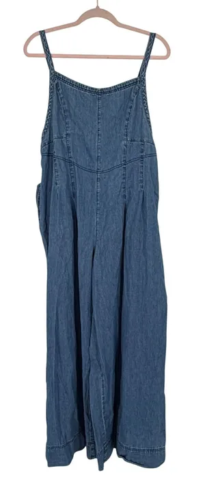 Aerie L Chambray Denim Wide Leg Jumpsuit Overalls Coastal Boho Pockets thumbnail 1