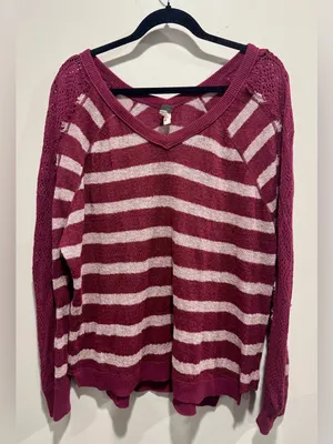 We The Free Free People Striped V-Neck Crochet Sleeve Sweater Top Large thumbnail 1
