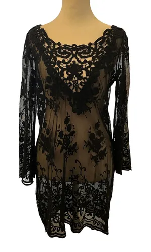 XCVI Sheer Mesh Lace Tunic Top‎ Dress XS Bell Sleeves Dark Romantic Whimsigoth thumbnail 1