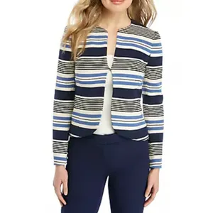 Anne Klein Tweed Jacket Women 4 Blue Black‎ Striped Open Front Tulip Hem Blazer thumbnail 3