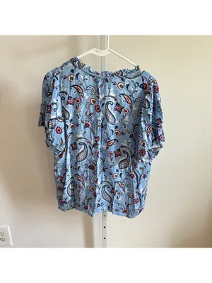 Loft EUC Women's Blue Floral Paisley V-Neck Front Tie Blouse Size L thumbnail 5
