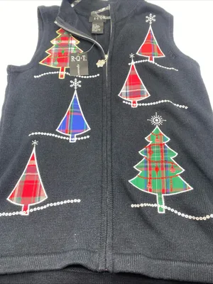 Christmas Tree Sweater Vest Black Embroidered Holiday Women’s Small RQT Festive thumbnail 1